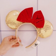 Disney Parks Gold Red Bow Minnie Mouse Sequins Headband Christmas Gift Ears