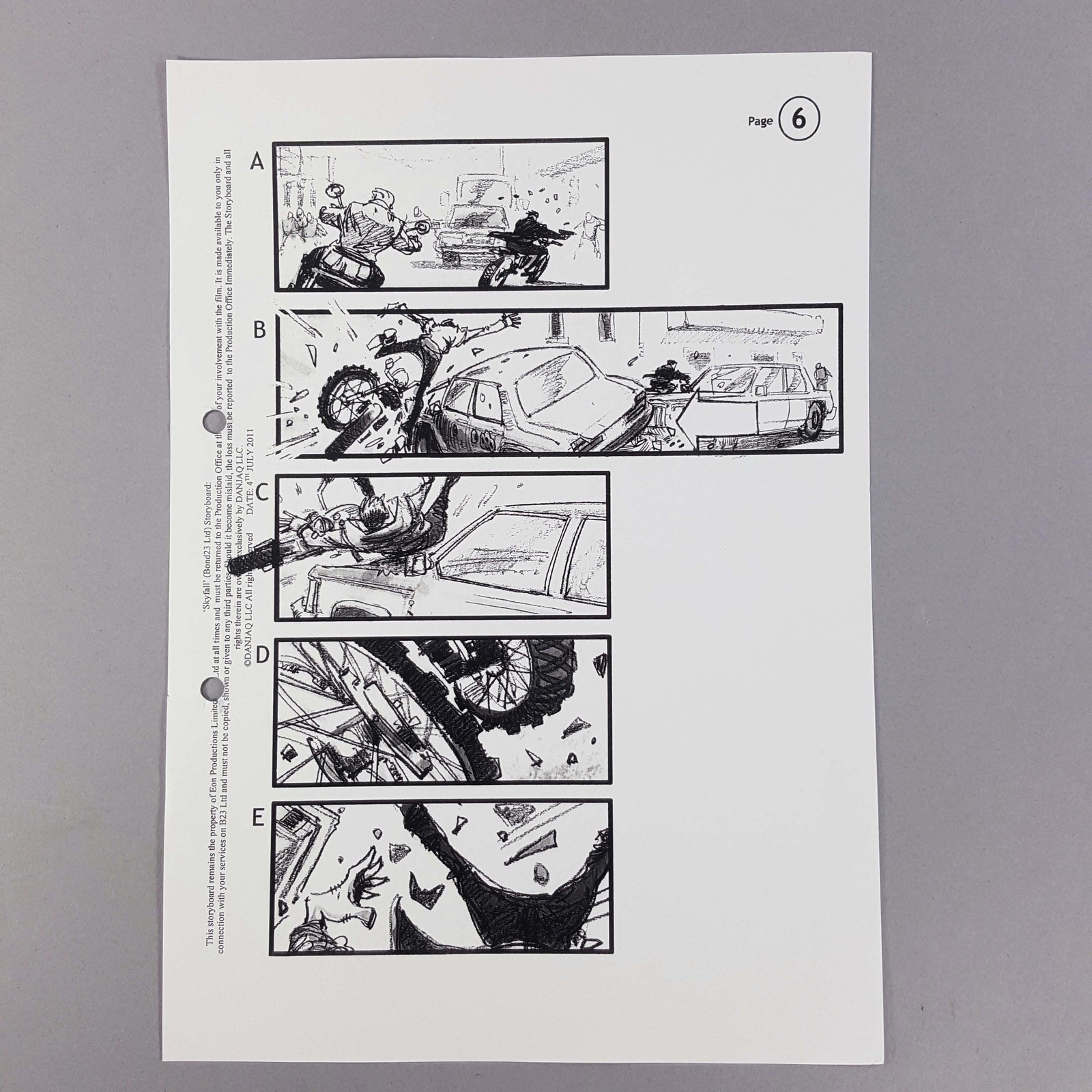 James Bond Skyfall Storyboard Bond Motorcycle Crashes Into Car, Prop COA