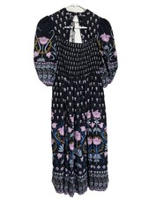 Anthropologie Dasha Smocked Midi Black Floral Flowers Dress Woman’s XXS
