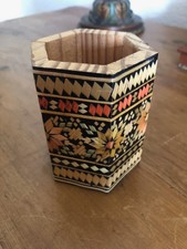 Vintage USSR Inlaid Straws Folk Art Wooden Pencil Box Geometric ART 2.5 x 3.5