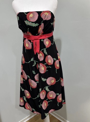 Anna Sui, Anna Sui Anthropologie Black Silk Vintage Papaver Poppy Strapless Dress Sz 6 *c2