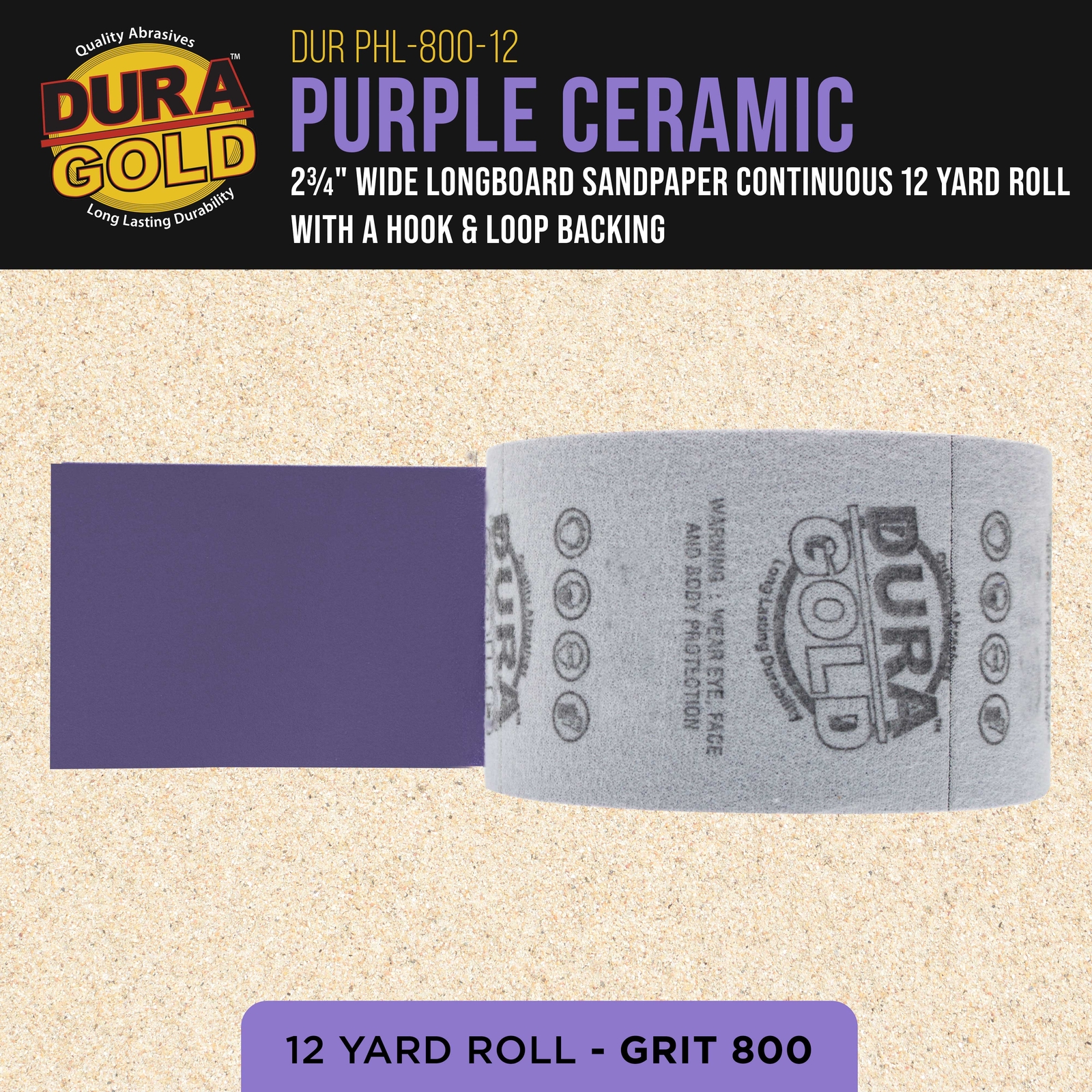 800 Grit Purple Ceramic 2.75" x 12 Yard Roll Hook and Loop Longboard Sandpaper