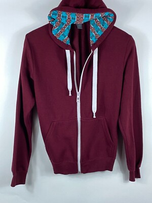 Super Vintage Brand Full Zip Hoodie w/ Patterned Lining Maroon Small F48