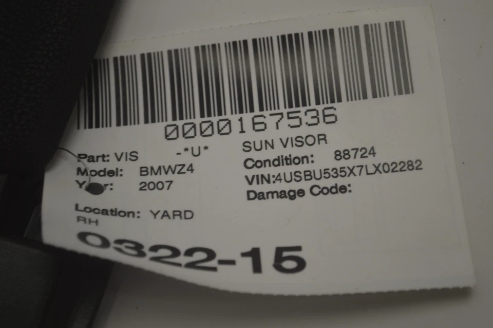 BMW Z4 E85 E86 2003-2008 LADO DERECHO PASAJERO PARASOL NEGRO OEM Foto 3 de 3