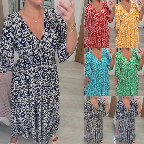 Women Summer Dress V Neck Loose Dresses Floral Seaside Holiday Maxi Dress - Picture 4 of 19