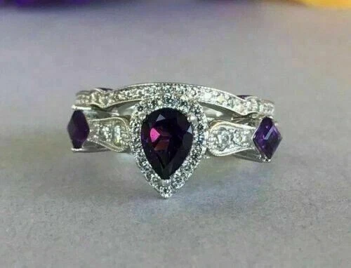 Conjunto de anillo de boda de amatista creado en laboratorio corte pera de 2 quilates enchapado en oro blanco de 14 quilates Foto 2 de 3