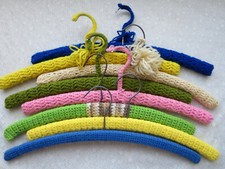 Lot of 8 Vintage Yarn Covered Wood Hangers Crochet Knit Handmade Various Colors