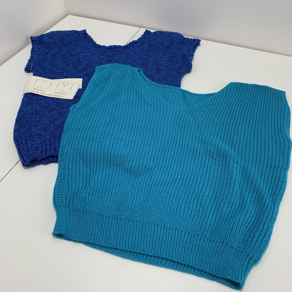 2 vintage 80s Blue knit sweater vests V Neck Or Crew Neck Preppy M L eBay