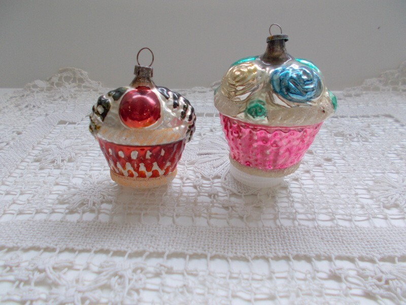 2  mercury glass Christmas ornaments baskets vintage