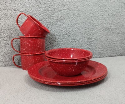 Red Graniteware Enamel Camping Plates Bowls Cups Person