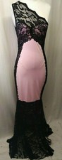 Women One Shoulder Lace Inset Pink Black Bodycon Slit Maxi Party Gown Size L