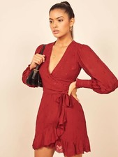 REFORMATION Red Crimson Clare Embroidered Long Sleeve Wrap Mini Dress L = 10 NEW