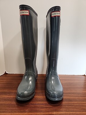 Hunter Womens Tall Rain Boots Wellies Light Blue Gray Glossy