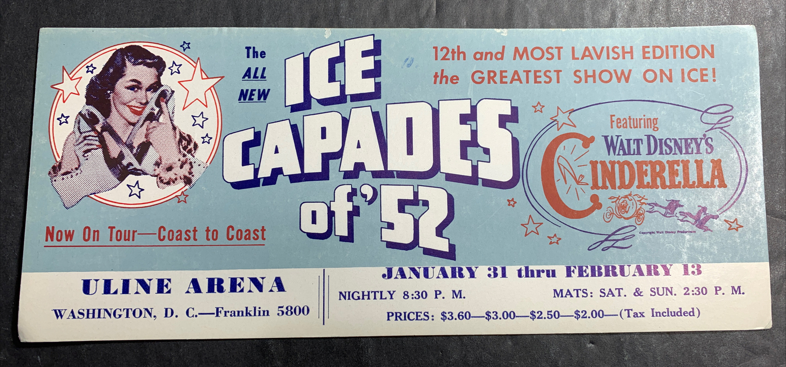 Walt Disney Cinderella Ice Capades Advertising Ink Blotter 1952 Washington DC