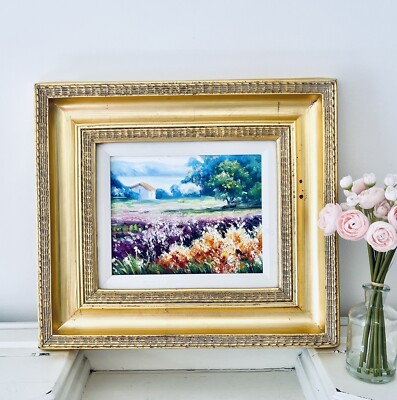 Framed Oil Painting Summer Flower Garden Seascape Impressionism Signed Gold Vtg