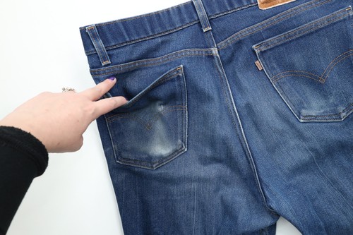 Jean vintage Levis 38x29 vieilli stretch évasé jambes larges bootcut achats denim USA