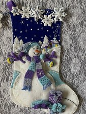 Completed Bucilla Felt  Frosty Night   Snowman Christmas Stocking Finished NEW 