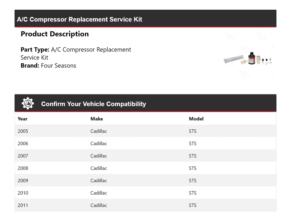 Kit de servicio de reemplazo de compresor de aire acondicionado para Cadillac STS 2005-2011 4 estaciones 2006 Foto 2 de 4