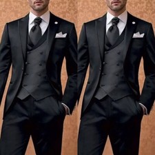Black Men's Suits Peak Lapel Slim Fit Business Tuxedos Wedding Groom Blazer 3Pcs