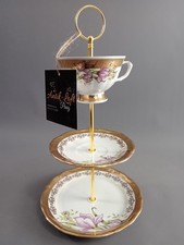 ETAGERE 3-stöckig Goldrand gedeckter Tisch Porzellan florales Muster VINTAGE alt