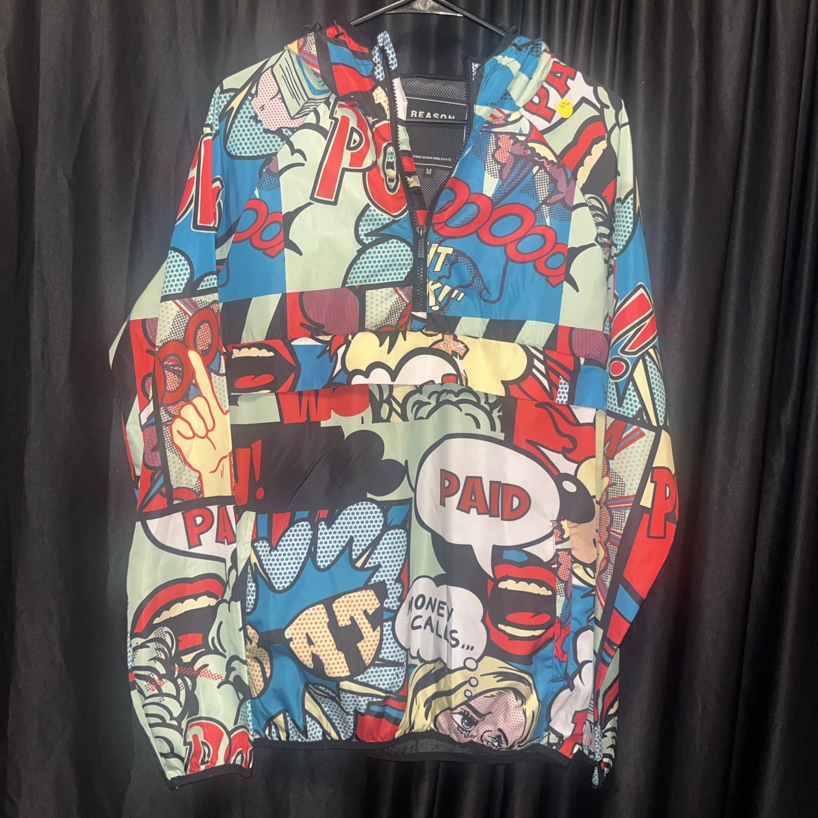 Reason NYC Comic Book Jacket M Pockets Hooded Graphic Print All Over 1/4 Zip