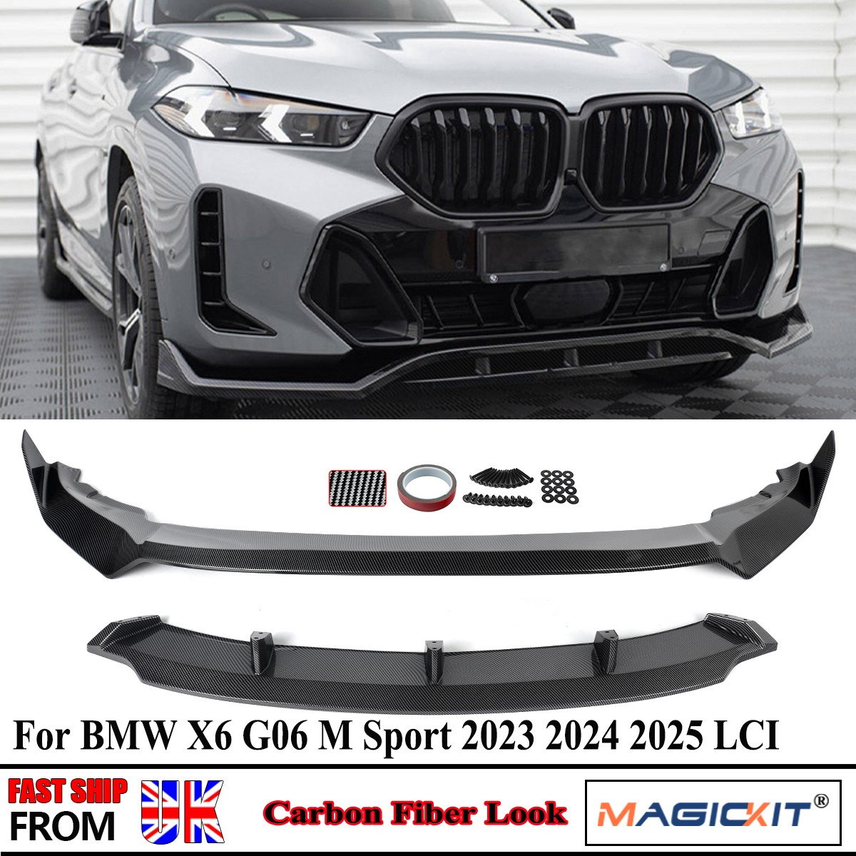Front Bumper Spoiler Splitter Lip Carbon Look For BMW X6 G06 M Sport 2023+ LCI