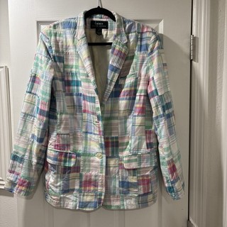 Vintage 1980s Ralph Lauren Madras Plaid Blazer Women 100% Cotton Large