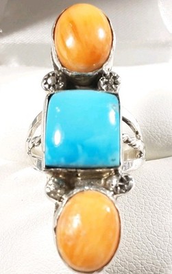 NAVAJO LORENA BROWN 925 STERLING TURQUOISE & SPINY OYSTER SIZE 7 RING 7.5g 