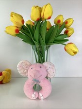 Vintage Eden Pink Terry Cloth Plush Elephant Rattle Polka Dot Ears Blue Bow
