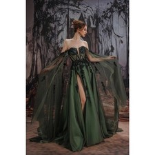 DarkGreen Gothic Prom Dress Deep V Neck Corset High Slit Cape Sleeve EveningGown