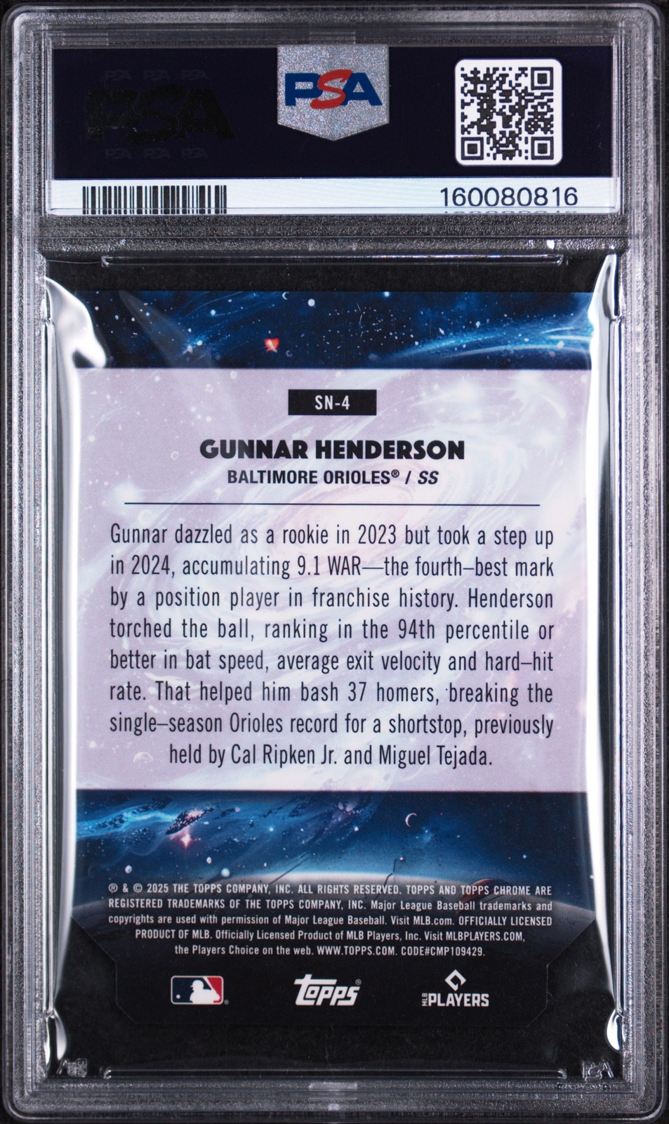 2025 TOPPS COSMIC CHROME STELLA NOVA #4 GUNNAR HENDERSON 13/50 PSA 9 view 2