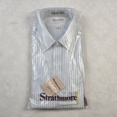 Strathmore Shirt Mens 15.5 34/35 White Blue Stripe Polycotton Dress Shirt VTG