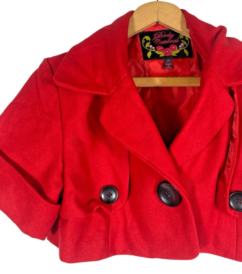 Body Central Bolero Recortado Guisante Abrigo Medio Rojo Y2K Corto Slv Lana Hada Grunge Foto 3 de 4