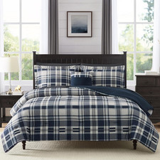 Navy Blue Queen Comforter Set - 7 Piece Classic Plaid Bedding Set