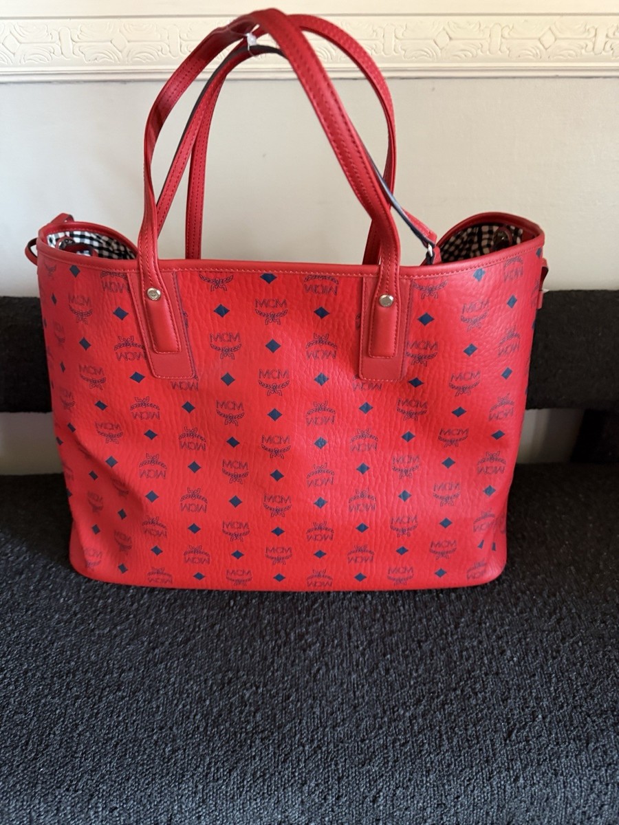 MCM Red Logo Tote Double Handles Inner Pockets Matching Pouch