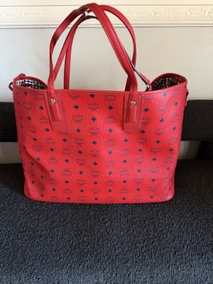 MCM Red Logo Tote Double Handles Inner Pockets Matching Pouch
