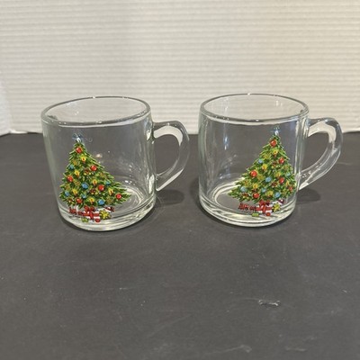 Set of 2 Vintage Sabin Christmas Tree Glass Mugs Holiday Coffee Cups
