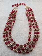 Red AB Acrylic Bead 3 Graduated Strand W Gold Tone Vtg Hong Kong Necklace