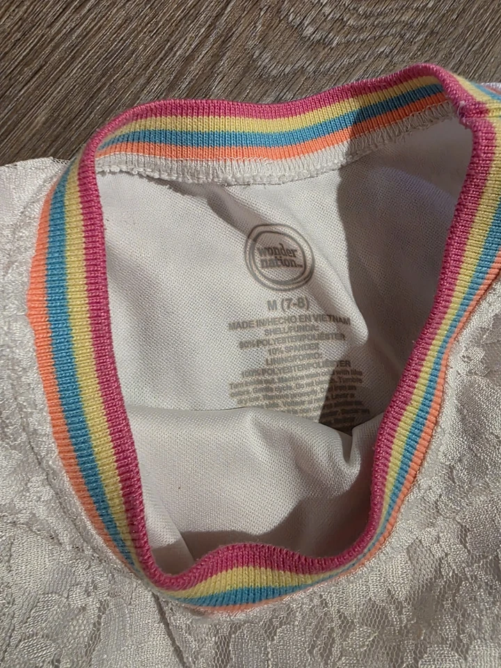 Vestido de encaje con forro Wonder Nation para niñas talla M (7-8) color blanco ribete arco iris Foto 3 de 4