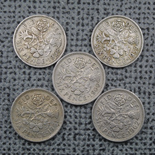 Sixpence 1958 to 1962 Job Lot of 5 Date Run Vintage Elizabeth II Copper-Nickel