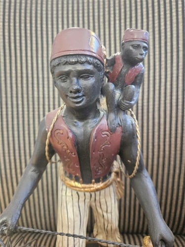 VENETIAN POLYCHROME BLACKAMOOR STATUE 13" BOY WITH MONKEY BIRD CAGE BASKET - Picture 2 of 15