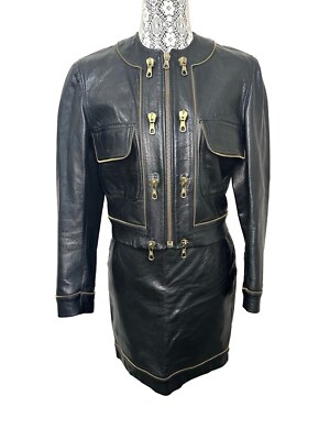 Vintage 80 s MOSCHINO Cheap & Chic black leather jacket (m) & skirt(s) gold zip
