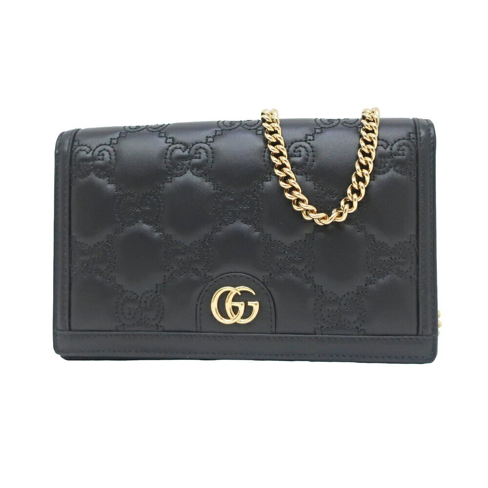Gucci Chaîne Portefeuille Sac Bandoulière Noir Gdmetal Raccords Cuir de Veau 723787 Femme