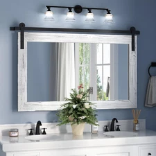Farmhouse Barn Door Mirror - 41" X 26" Rustic Wood Framed Wall Mirror for Bathro