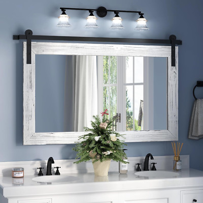 Rustic Farmhouse Barn Door Mirror - 41'' X 26'' White Wood Frame Decor