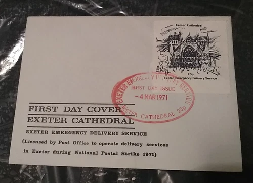 GB : 1971 EXETER Cathedral 20p -First day of issue Emergency Delivery Service