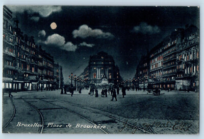 Brussels Belgium Postcard Palace de Brouckere Night Scene c1910 Antique