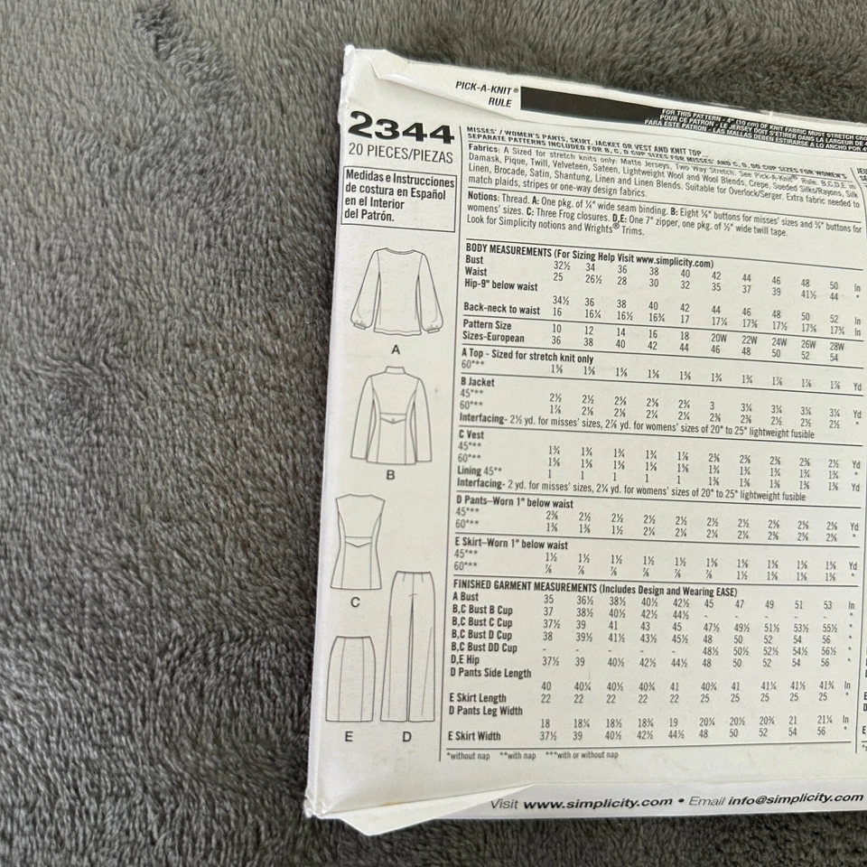 Simplicity 2344 Khaliah Ali Pattern 10-18 Jacket Pants Skirt Vest Top Uncut - Image 4 of 4