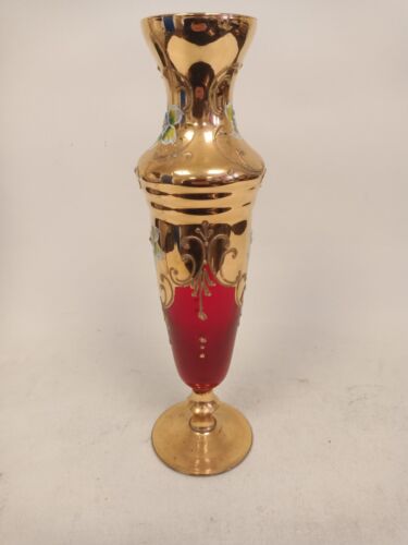 Antique Bohemian Red Glass Gold & Enamel Decorated Vase 27CM - Picture 6 of 16