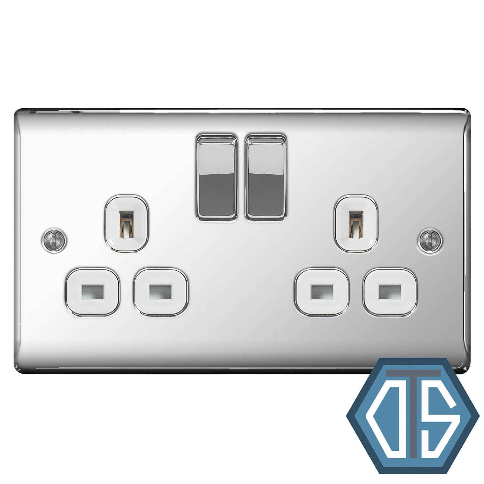 BG Nexus NPC22W Polished Mirror Chrome Double Socket 2 Gang Twin 13 Amp White